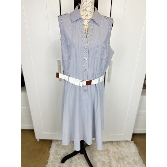 Tahari NWOT Blue White Pinstripe Sleeveless Collared Belted Shirt Dress Size 16 - Picture 3 of 11